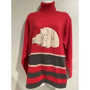 Vtg 1990s Turtleneck Sweater Polar Bear Valentine Holiday Red Stripe Wool Medium